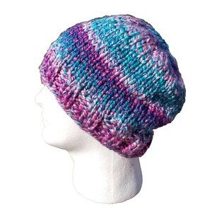 Handmade Women's Winter Beanie Hat Knit Slouch Mountain Blue Bird Pink Chunky